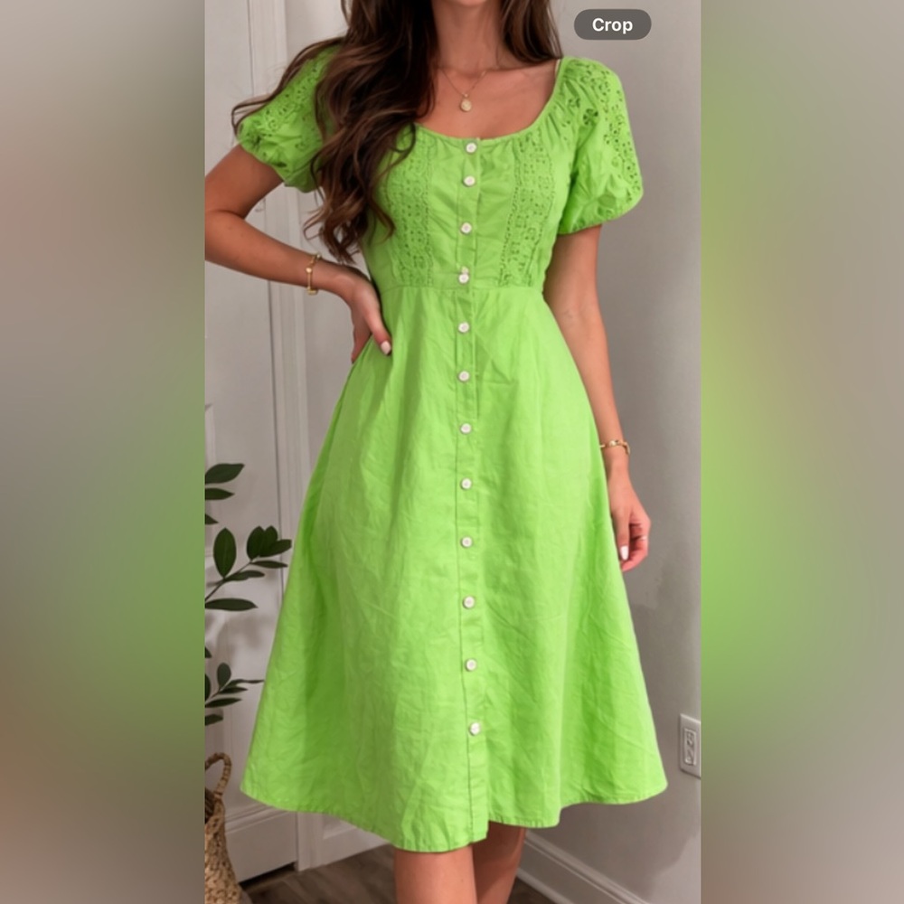 Eddie Bauer Cottagecore Praire  Green Eyelit Button-Front Midi‎ Dress
